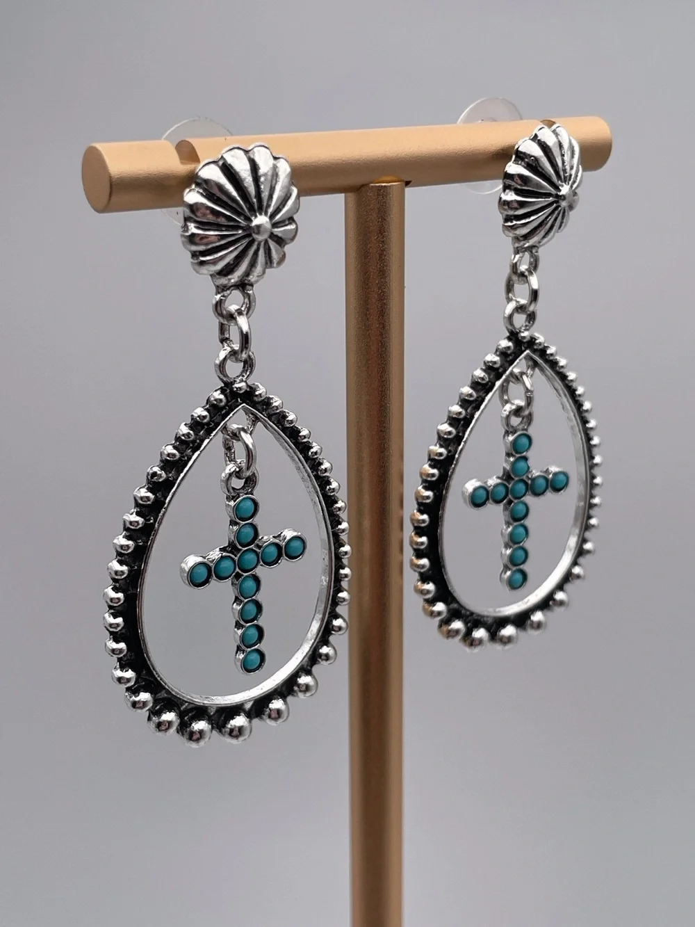 Silver Water Drop Turquoise Cross Drop Earrings Stainless Steel